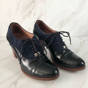 Russell & Bromley Lace Up Blue Suede Heel Oxford